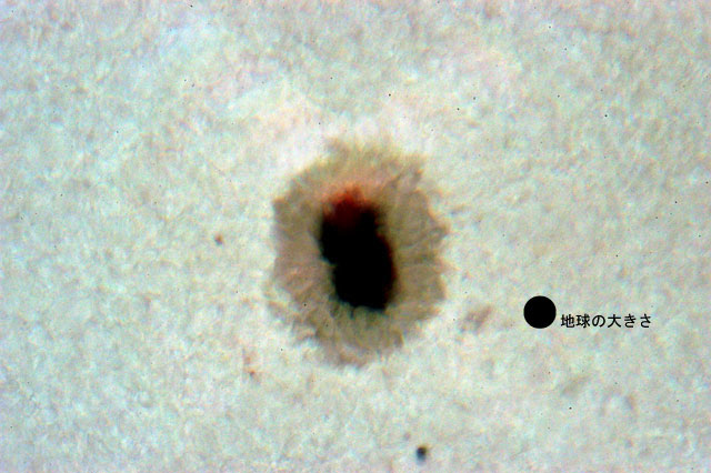 これは、この黒点と地球の大きさを比較したものである。太陽の直径は地球のおよそ100倍、
																				  そこに現れる黒点がいかに大きいかが分かる。